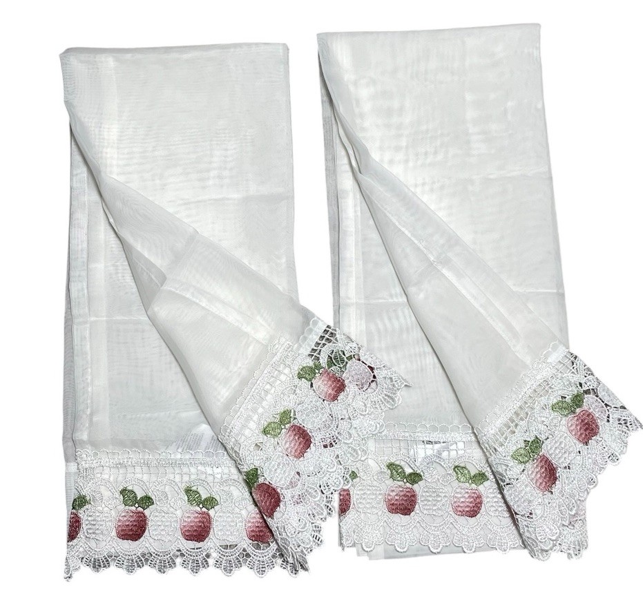 S/2 CHF Apple Orchard Tailored Cafe Valence Ivory Crochet Lace 30W x 36L ea New