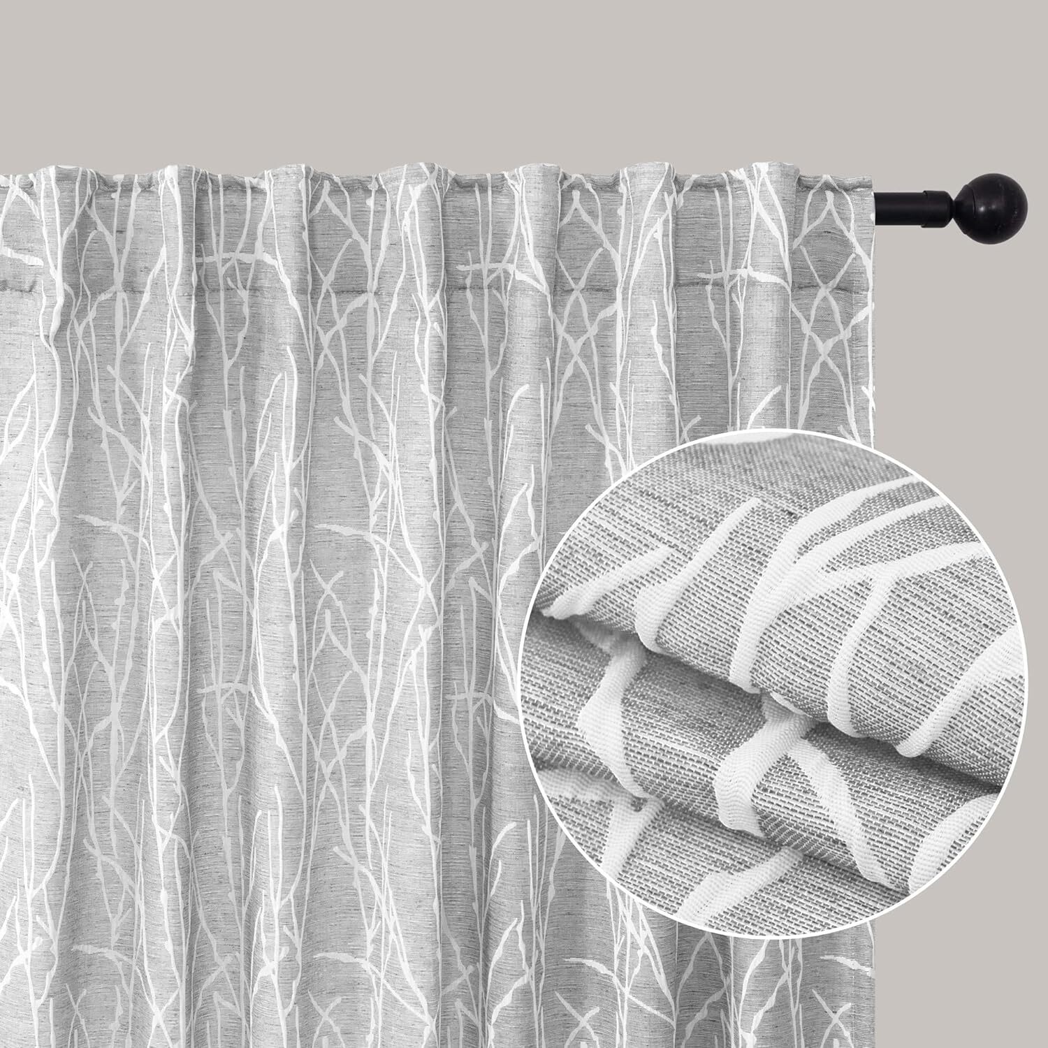 84″ Linen Textured Curtains 2 Panels Gray White Tree Branch Semi Blackout Farmho