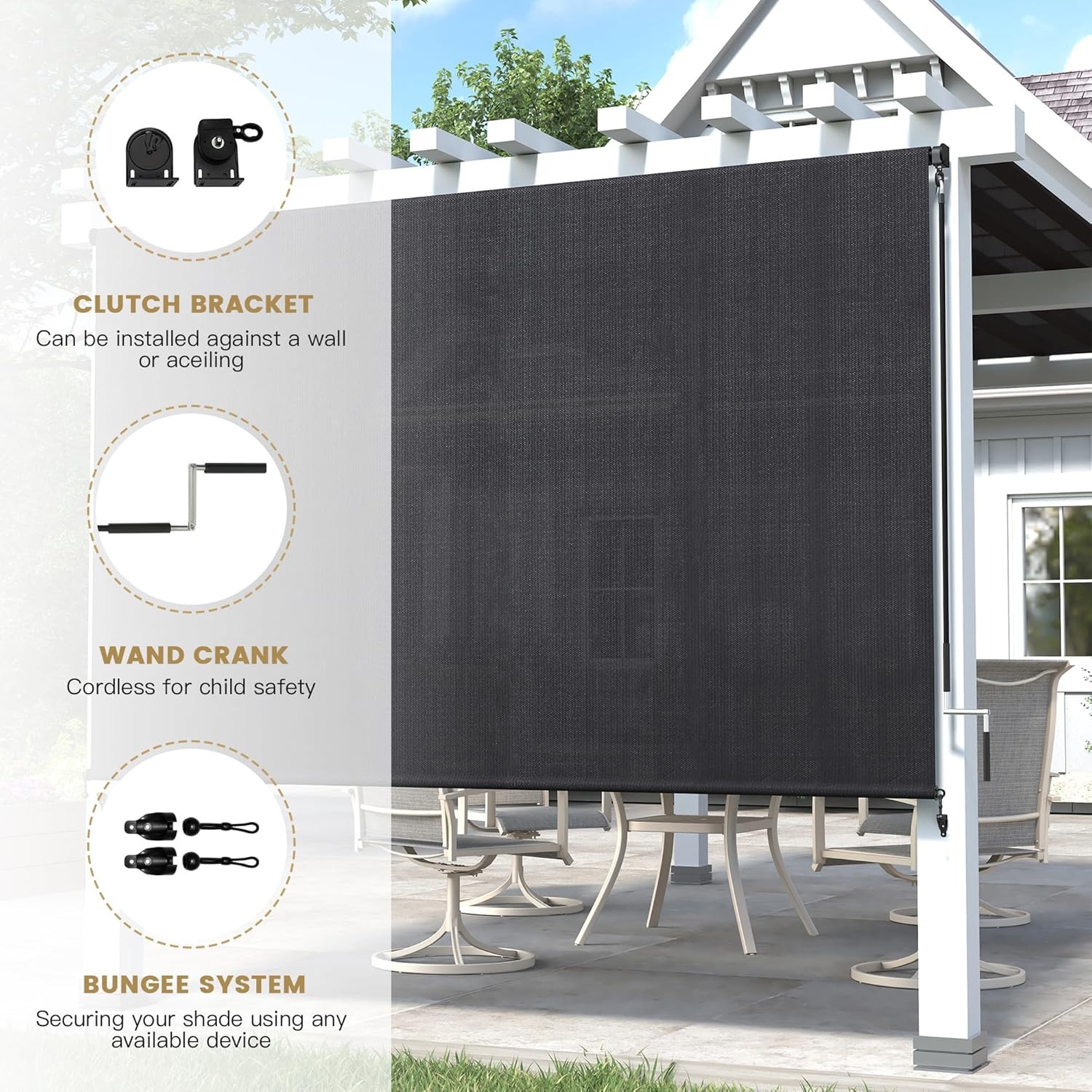 Outdoor Roller Shade 10′ W x 8′ H, Exterior Cordless Patio Shades Roll Up Blinds