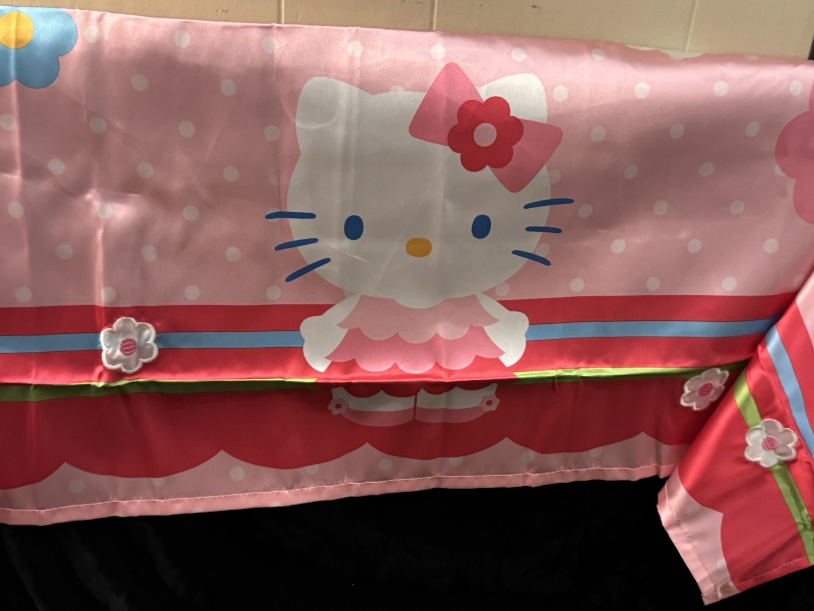 Hello Kitty Curtain Valence Pink Polka Dot Flower Satin 50 in x 17 in