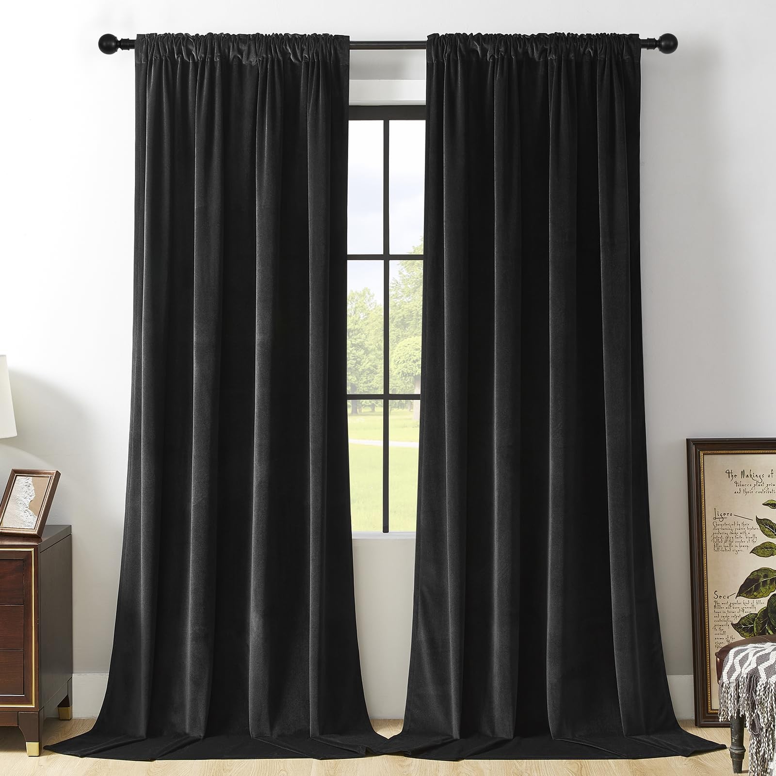 Joydeco Velvet Curtains W100 x L90 Inch Black Blackout Thermal Insulated