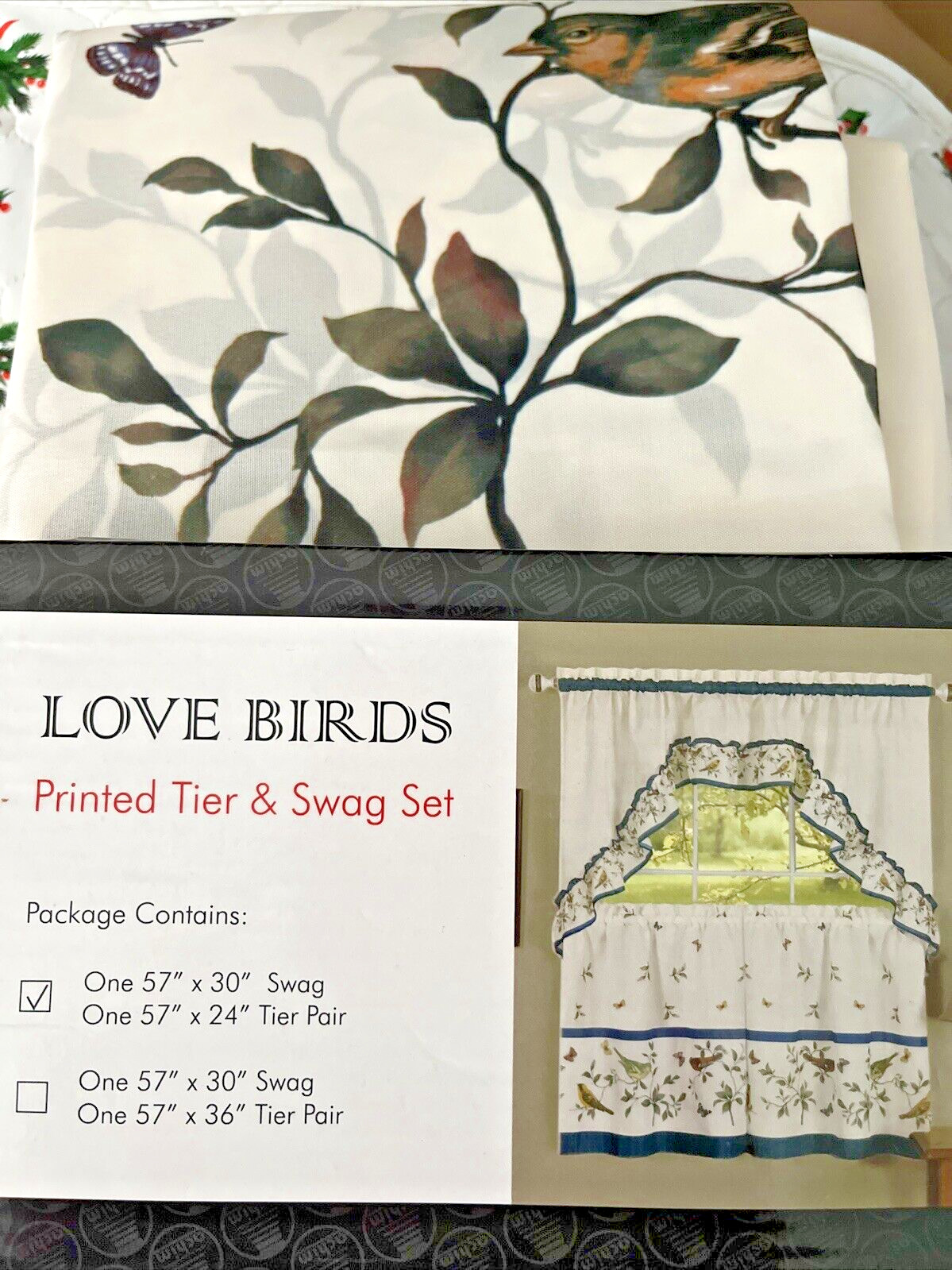 3pc Printed Curtains Set: 2Tiers &Swag 57″x30″ & 57″x24″ Love Birds, Achim”s