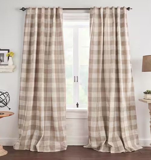 2 Elrene Grainger Curtains Farmhouse Buffalo Plaid Linen Blend Taupe White 52×84