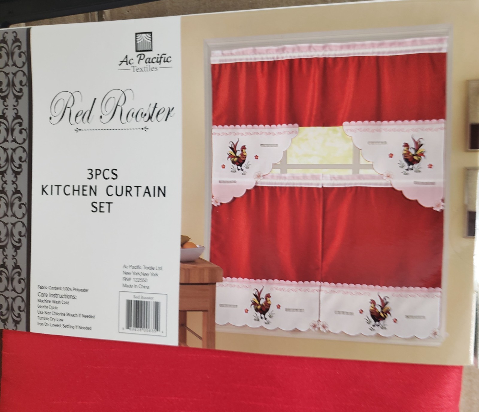 3pc. Embroidery Curtains Set: 2 Tiers & Swag, MULTICOLOR ROOSTER,RED ROOSTER,ACP