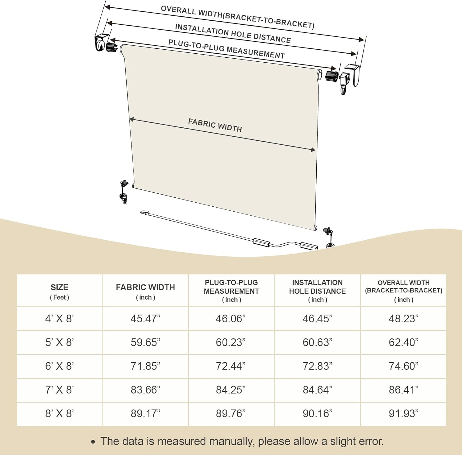Aoodor 5% Openness Cordless Solar Fabric Roller Shade, 5’W X 8’H Sun Shade for O
