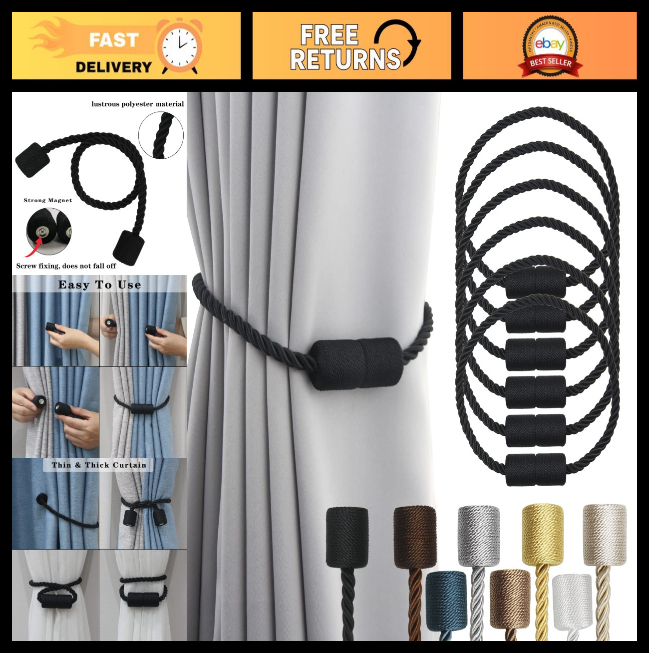 6 Pack Magnetic Curtain Tiebacks – Elegant Black Rope Holdbacks for Drapes & Win