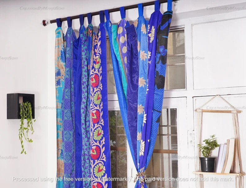2 Pc Indian Old Recycle Silk Saree Boho Multi Curtain Door Drape Decor Curtain