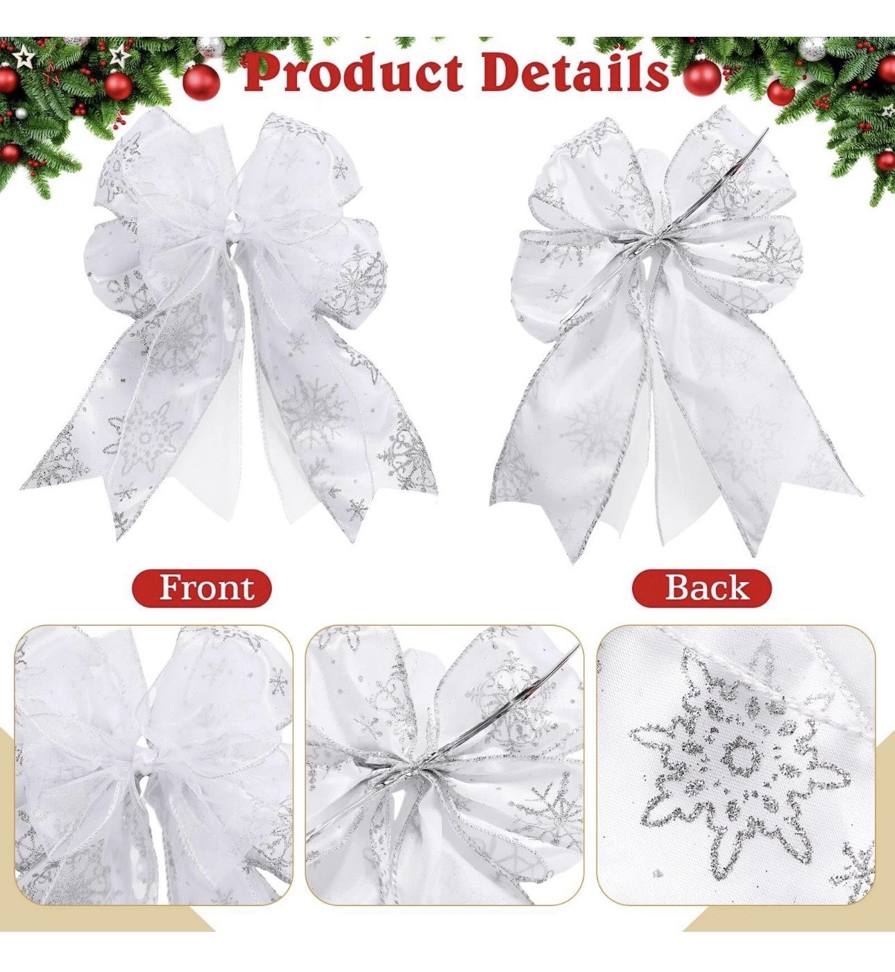 Christmas Tree Ribbon Bow 12 Pcs Silver Patterned Ribbon Xmas Bow