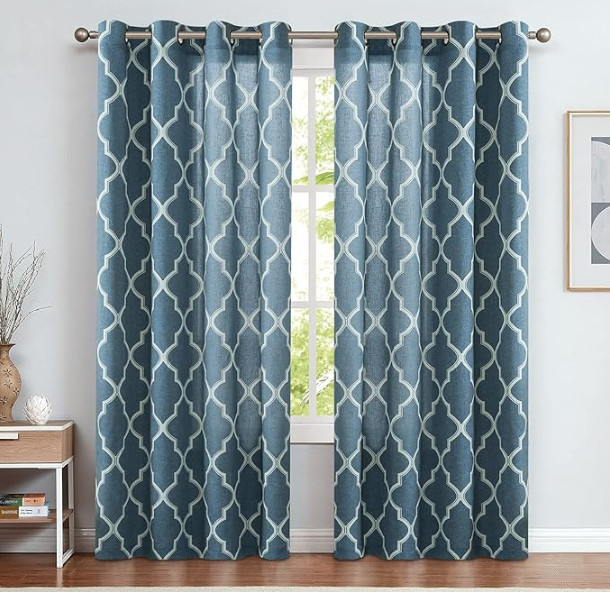 2 Panels Linen Light Filtering Moroccan Print, Window Curtains 52 in x 84 inch