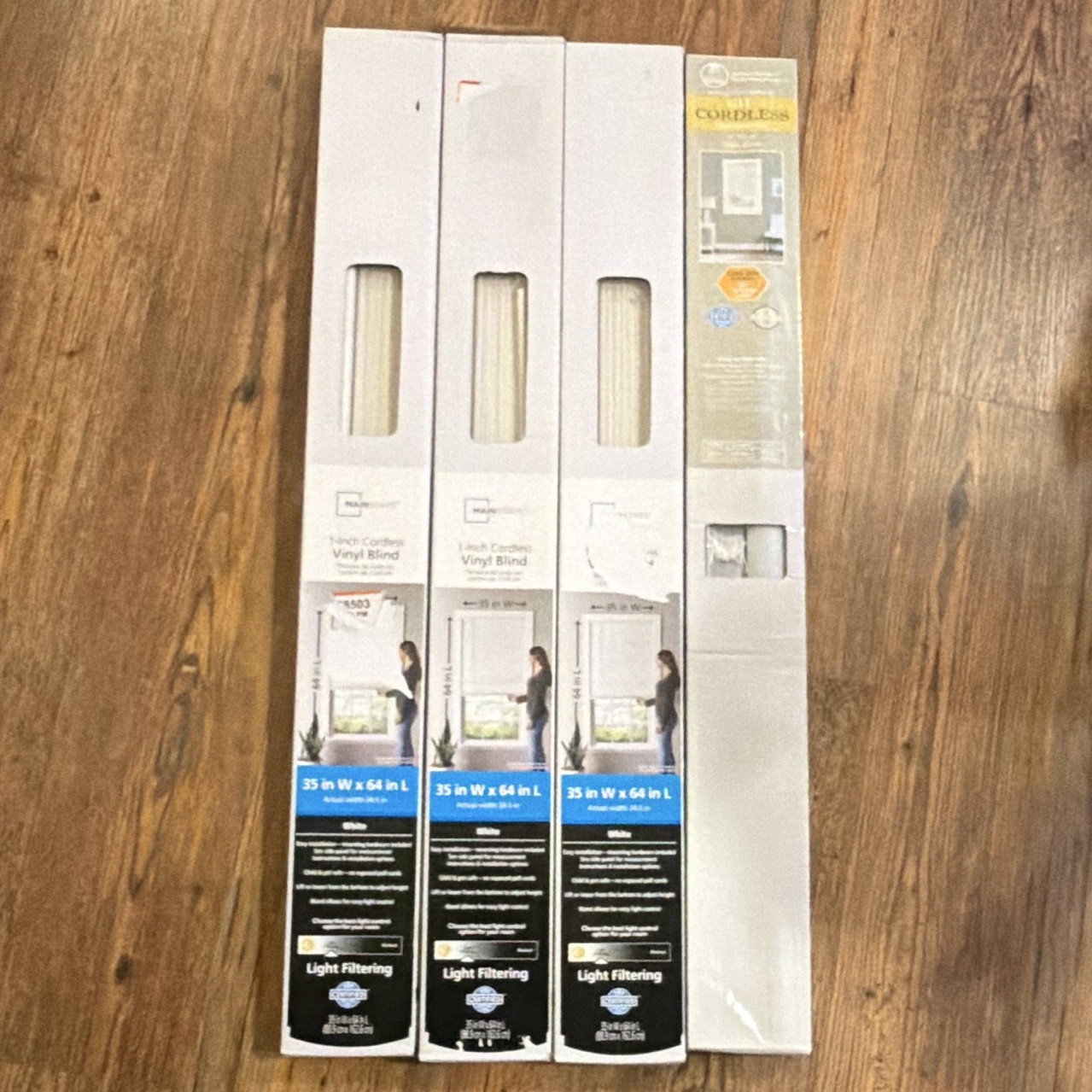 4 count Mainstays Cordless 1in Vinyl Mini Blinds White 35×64 Light Filter