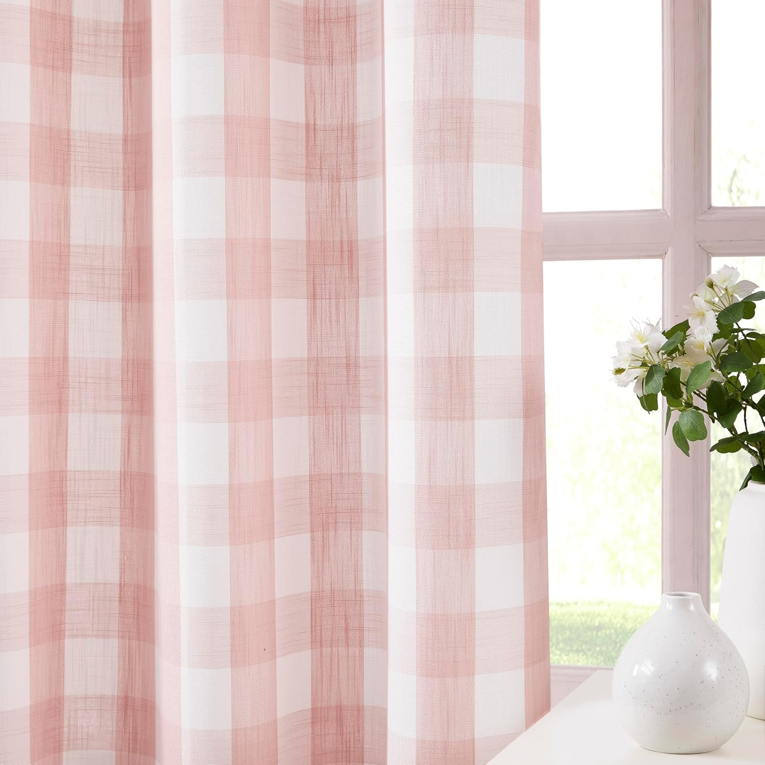 Buffalo Check Semi Sheer Curtain Panels Pink White Gingham Curtains Farmhouse Gr
