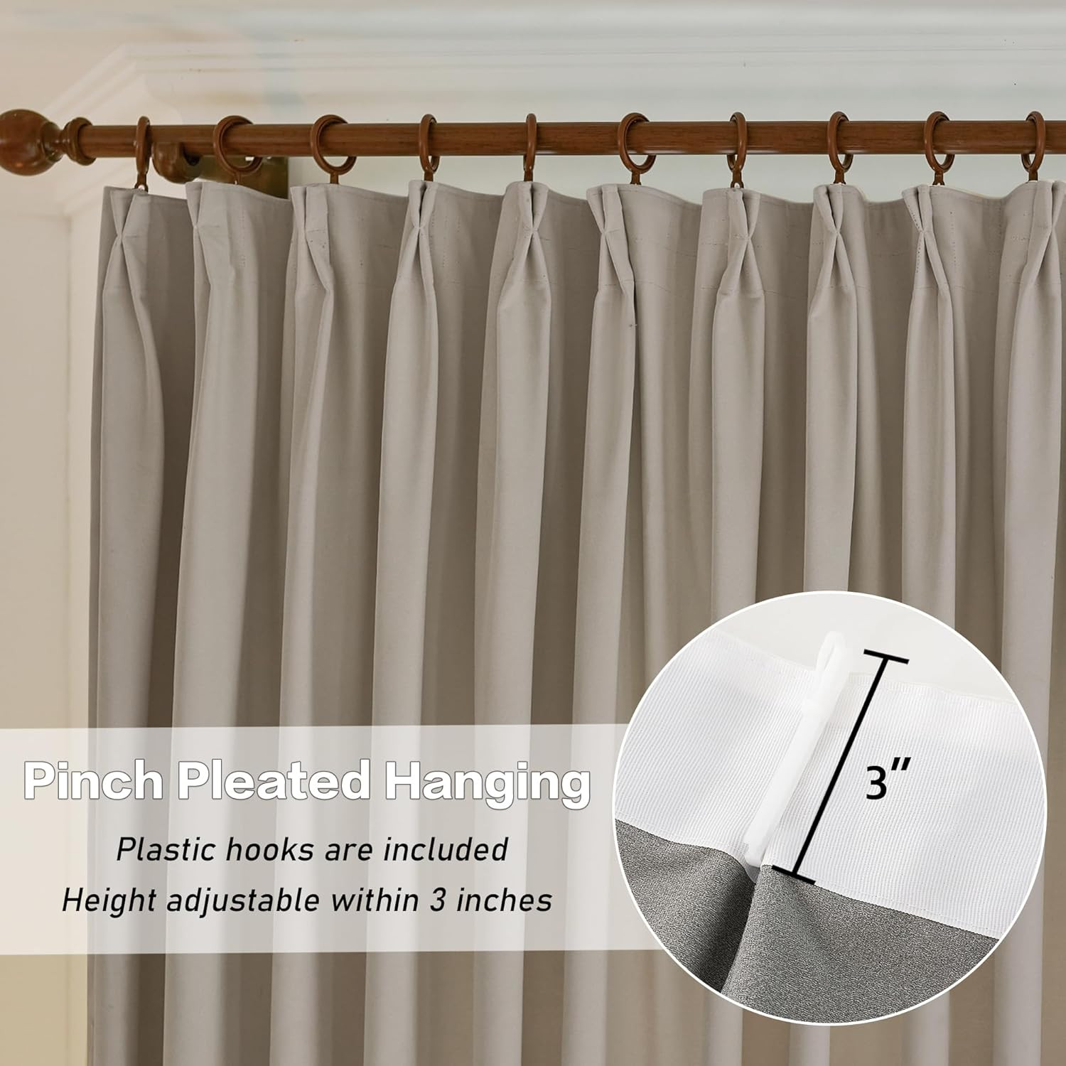 Luxury Velvet Pleated Curtains 102 Inches Long 1 Panel, Camel Beige Pinch Pleate
