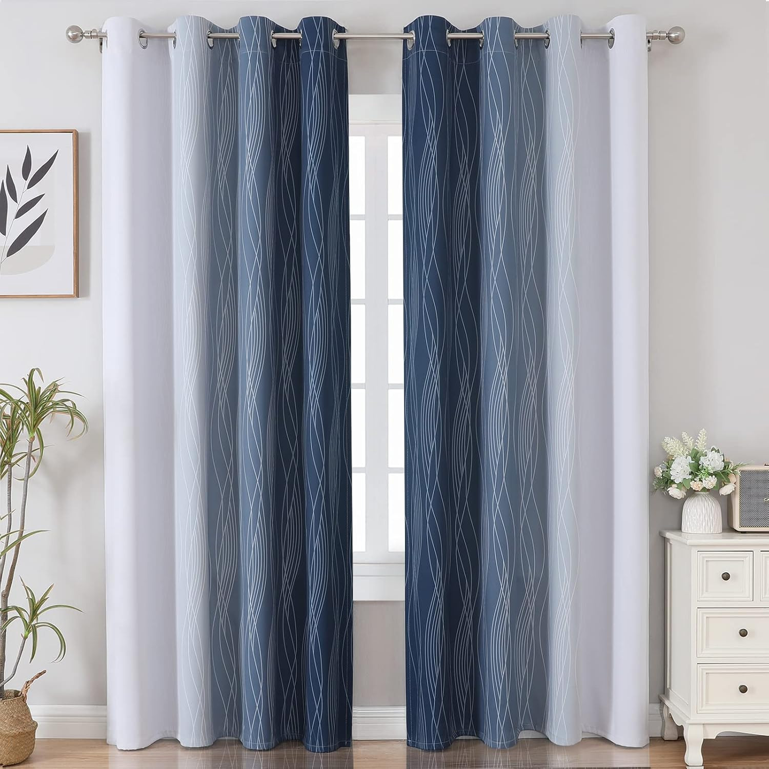 Navy Blue and Greyish White Blackout Curtains for Bedroom 84 Inches Long, Full R