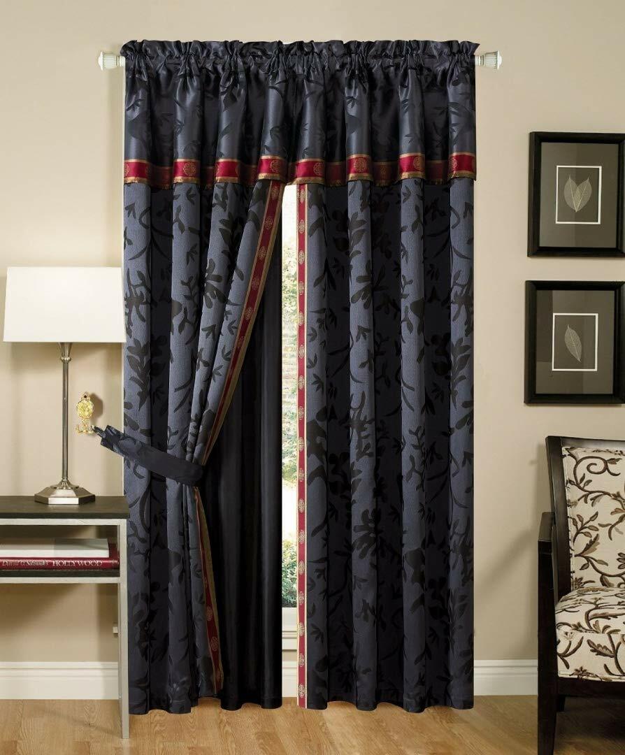 Black Red Gold Asian Floral 4 pc Curtains Panels Drapes Valance Set 84 inch Long