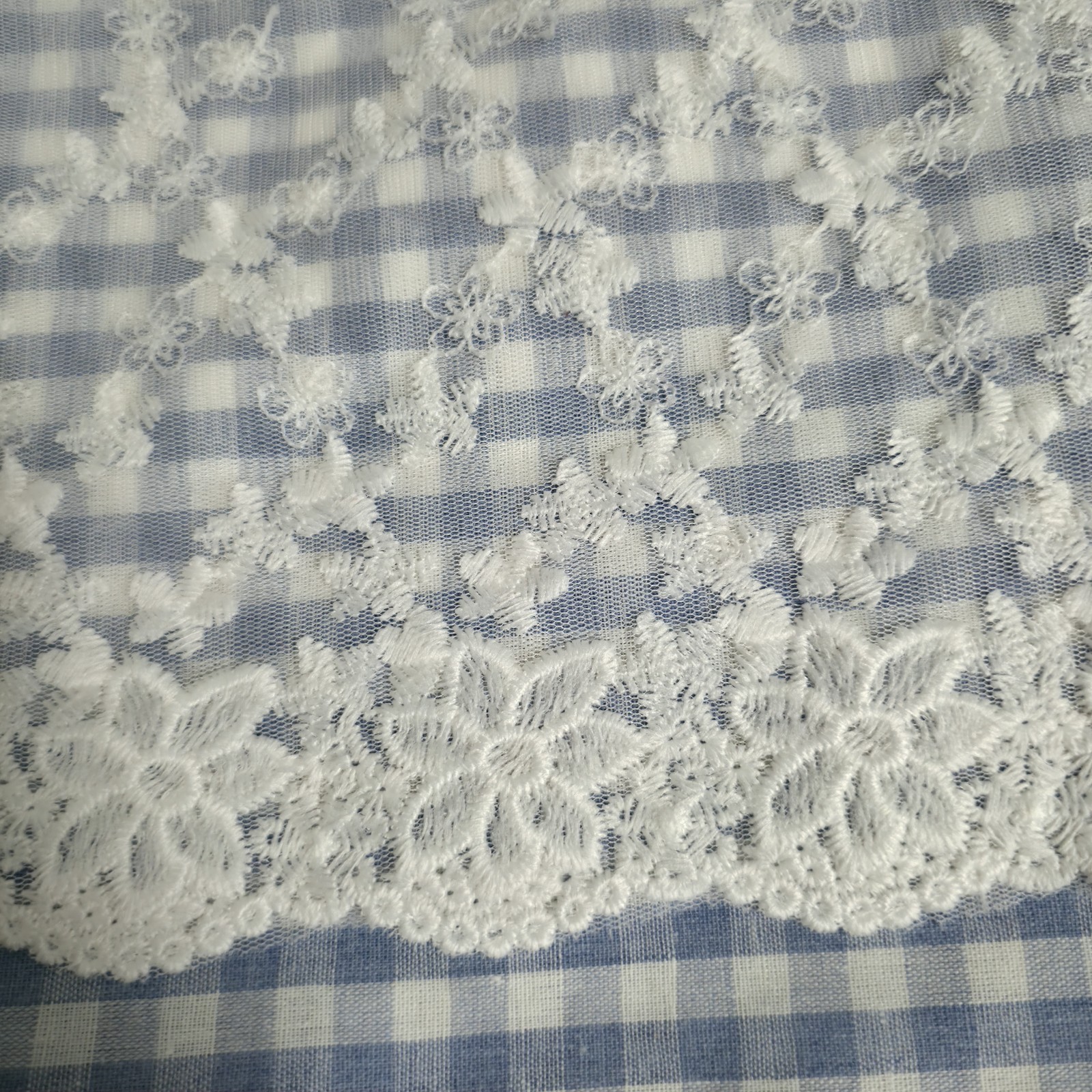 Blue White Gingham Check Cafe Curtain Floral Lace Farmhouse Kitchen Tier 42 X 17