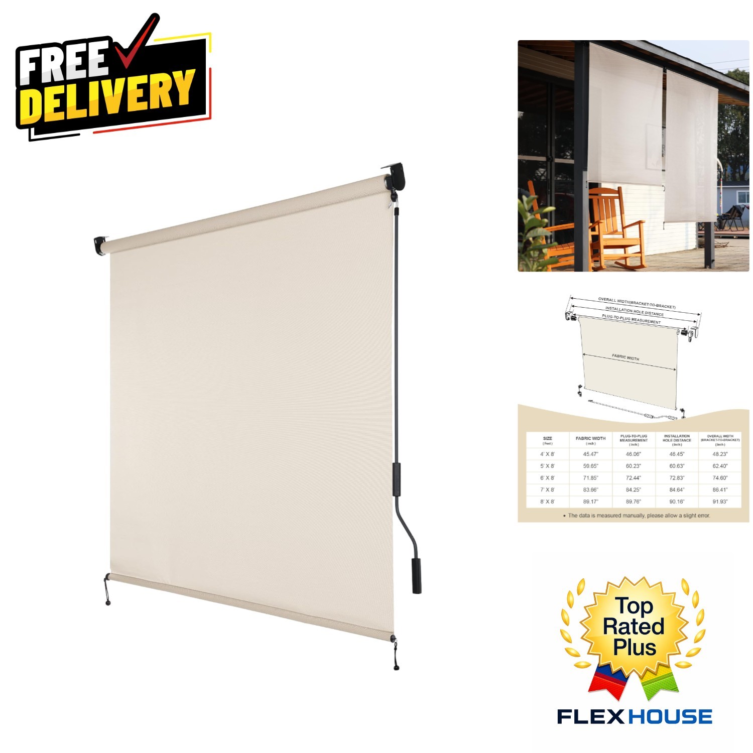Versatile 6’W x 8’H Outdoor Cordless Roller Shade – 95% UV Protection – Beige