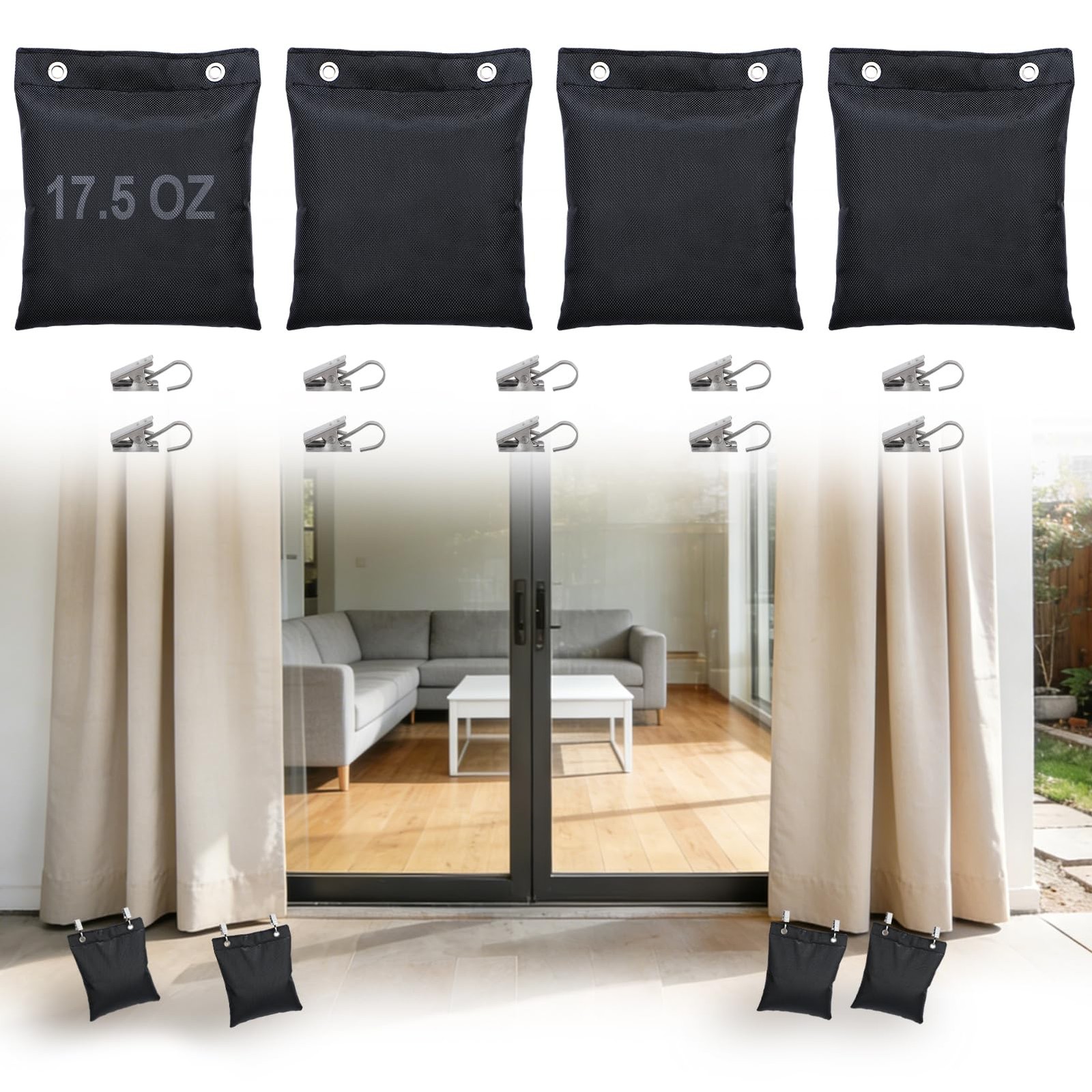 Pre-Filled 17.6 oz Outdoor Curtain Weights- 4 Pack Wind Resistant Oxford Weig…