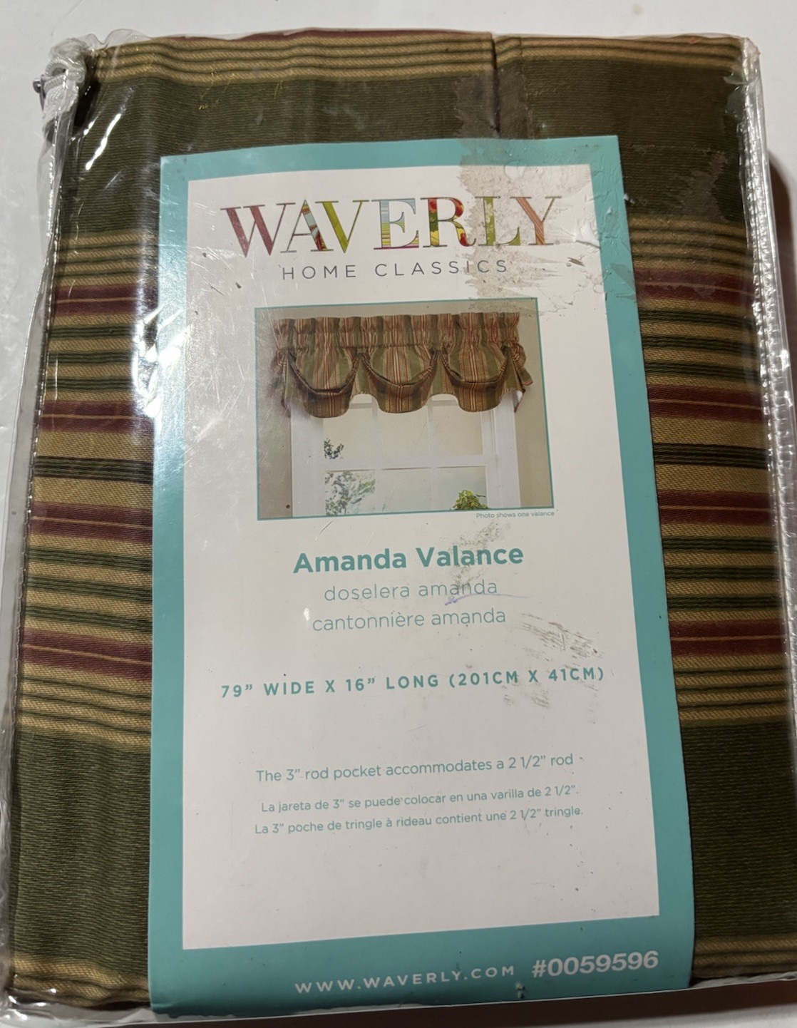 WAVERLY SWEETWATER Tuck Amanda VALANCE STRIPED OLIVE GREEN 79″ X 16″ New