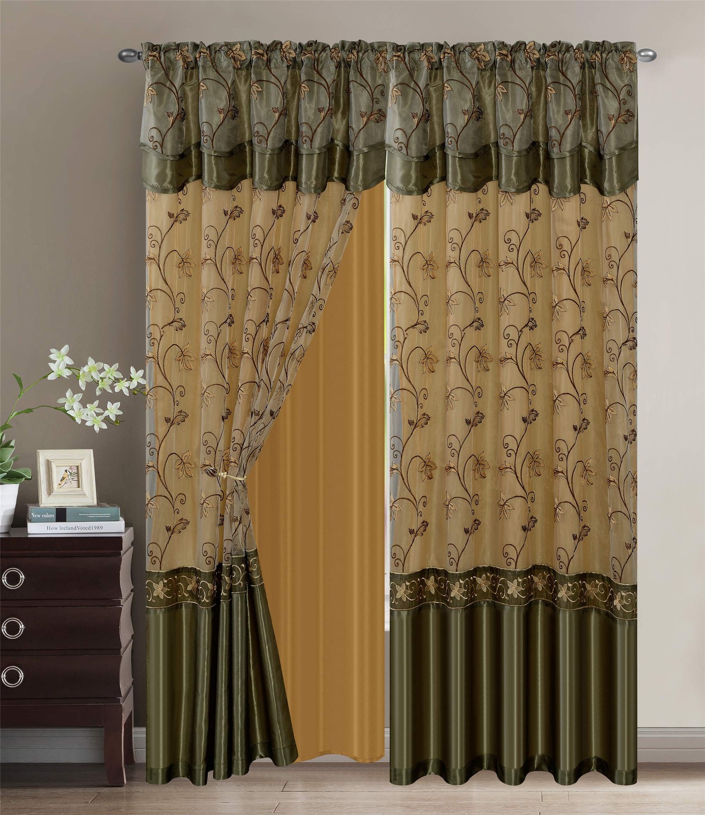 Fancy Collection Embroidery Curtain Set 1 Panel Drapes with Backing & Valance…