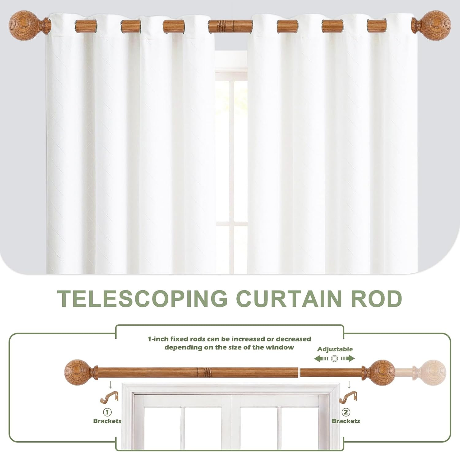 2 Pack Wood Curtain Rods for Windows 28 to 48 Inch,1 Inch Wood Grain Ball Adjust