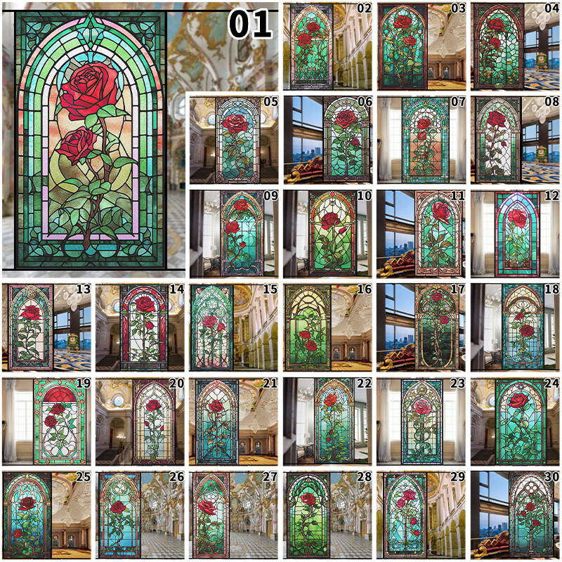 Retro Rose Stained Glass Film Frosted Window Sticker Bathroom Office Decor