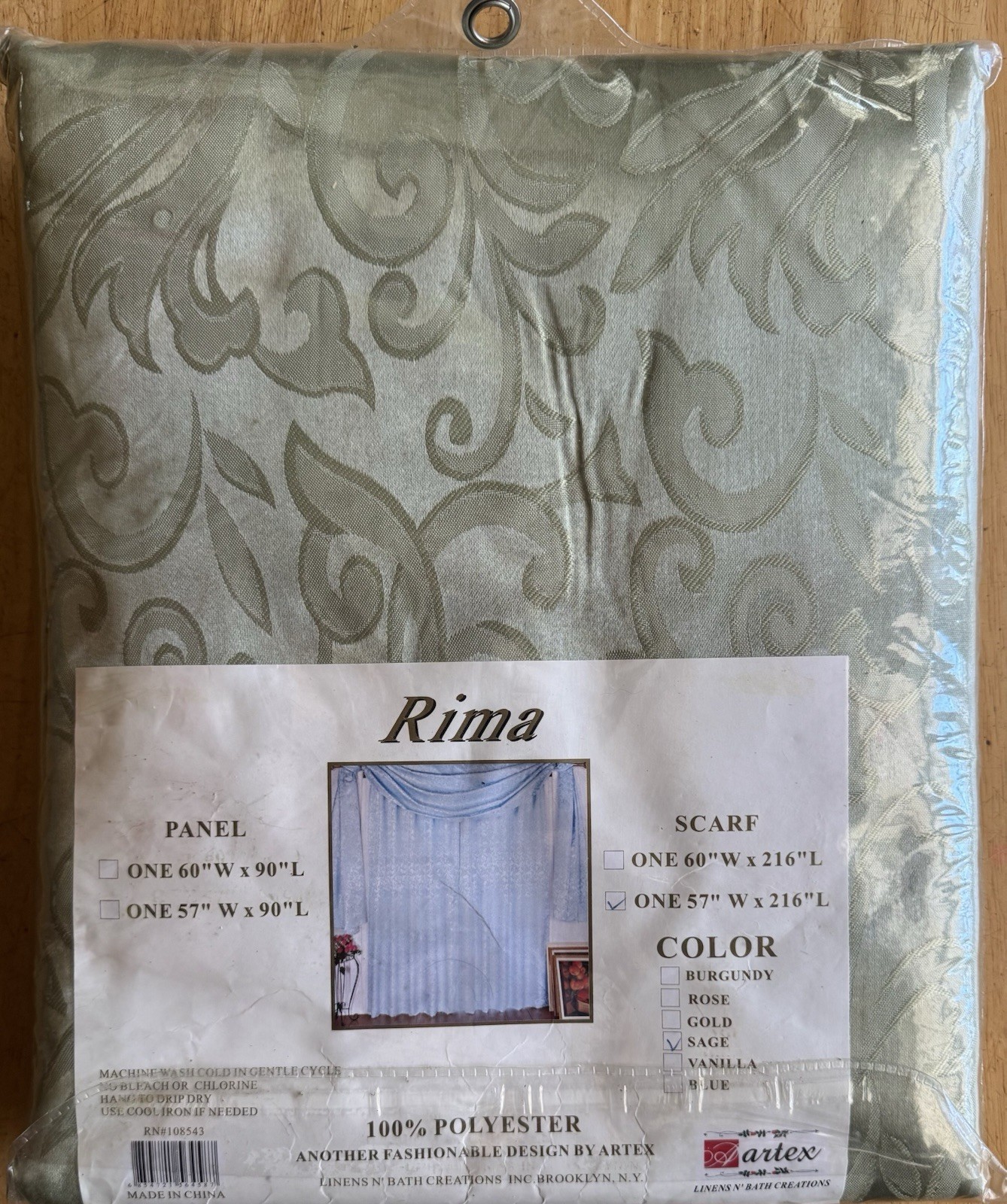 Artex Rima Elegant Jacquared Sage Window Treatment 57” X 216” One Scarf