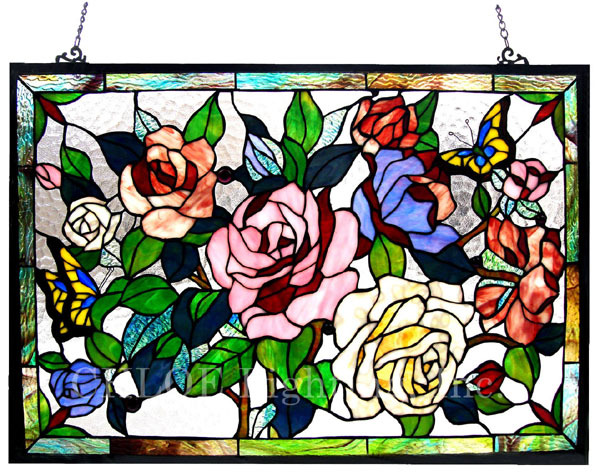 Tiffany Style Stained Glass Window Panel 27″ x 19″ Butterfly & Roses Floral
