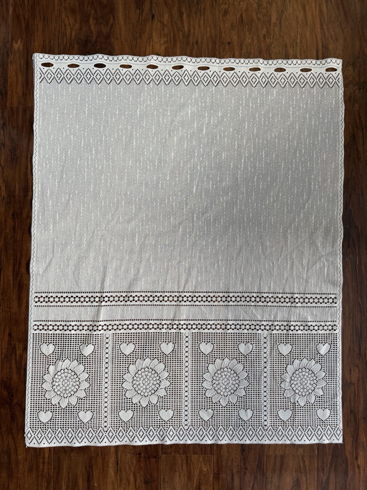 Vintage Lace Curtain Panel Sunflower Hearts White Cottagecore 36×29 Farmhouse