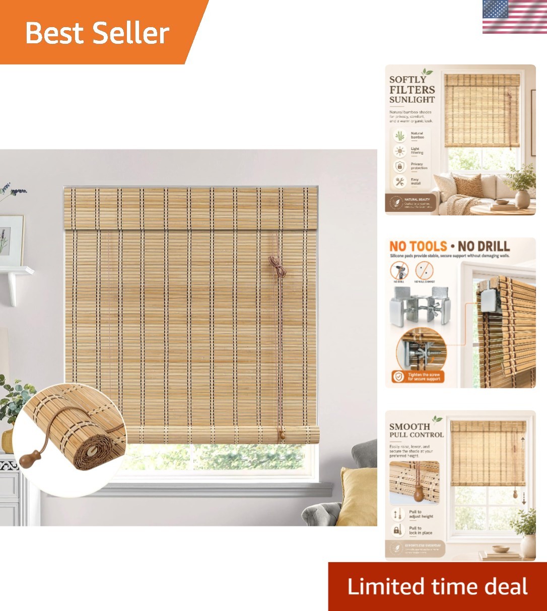 Durable Bamboo Blinds 35″W x 64″H – Light Filtering Window Treatments for Homes