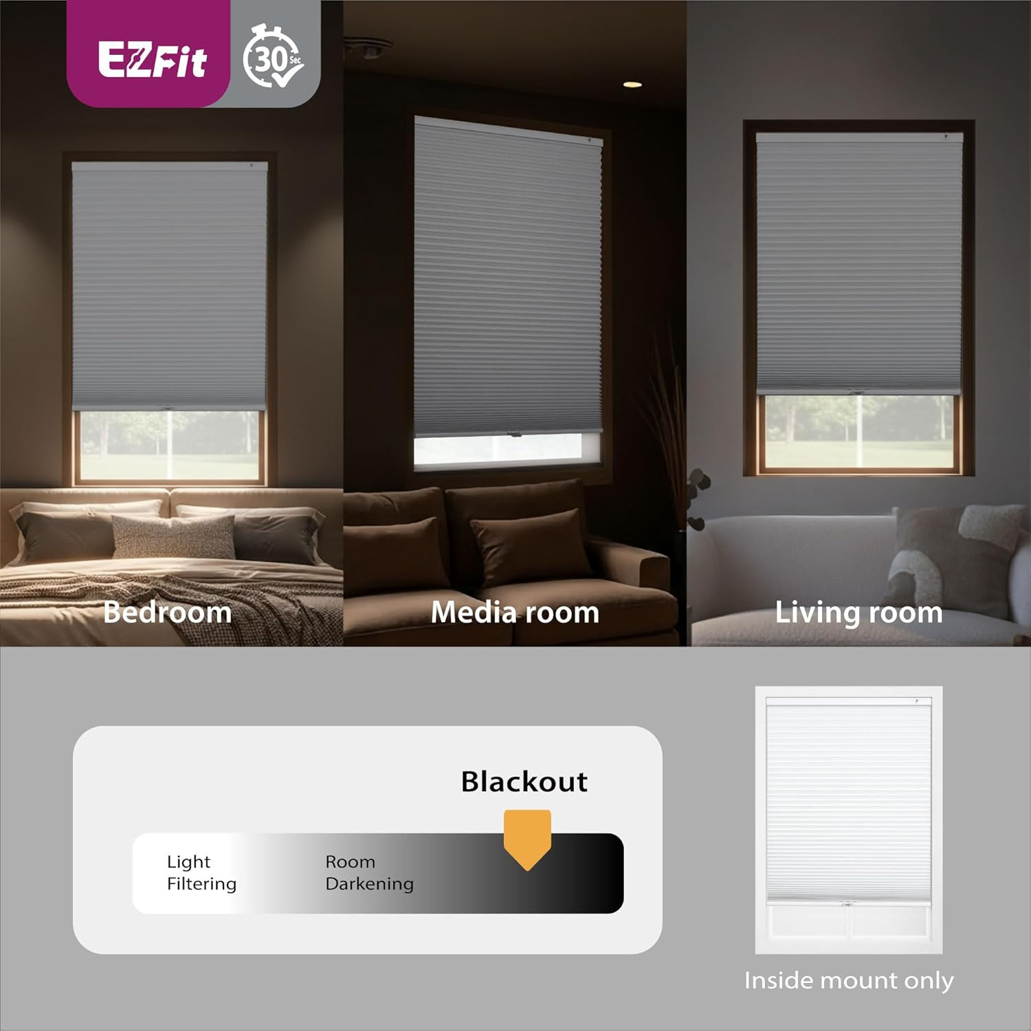 EZ Fit No Tools Cordless Blackout Cellular Shade 21.5″ W x 48″ H – White