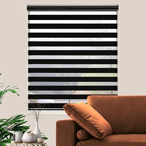Custom Sizeout Zebra Blinds, Dual Layer Free-Stop, Room 20″W x 72″H Black