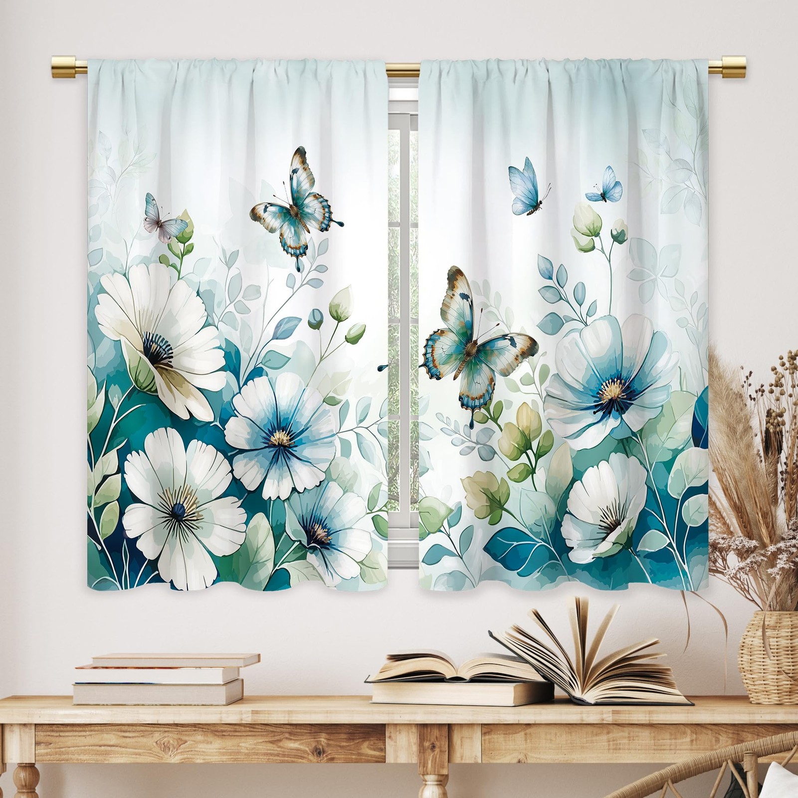 Teal Green Flower Butterfly Kitchen Curtains Floral Plant Leaves Bathroom Cur…
