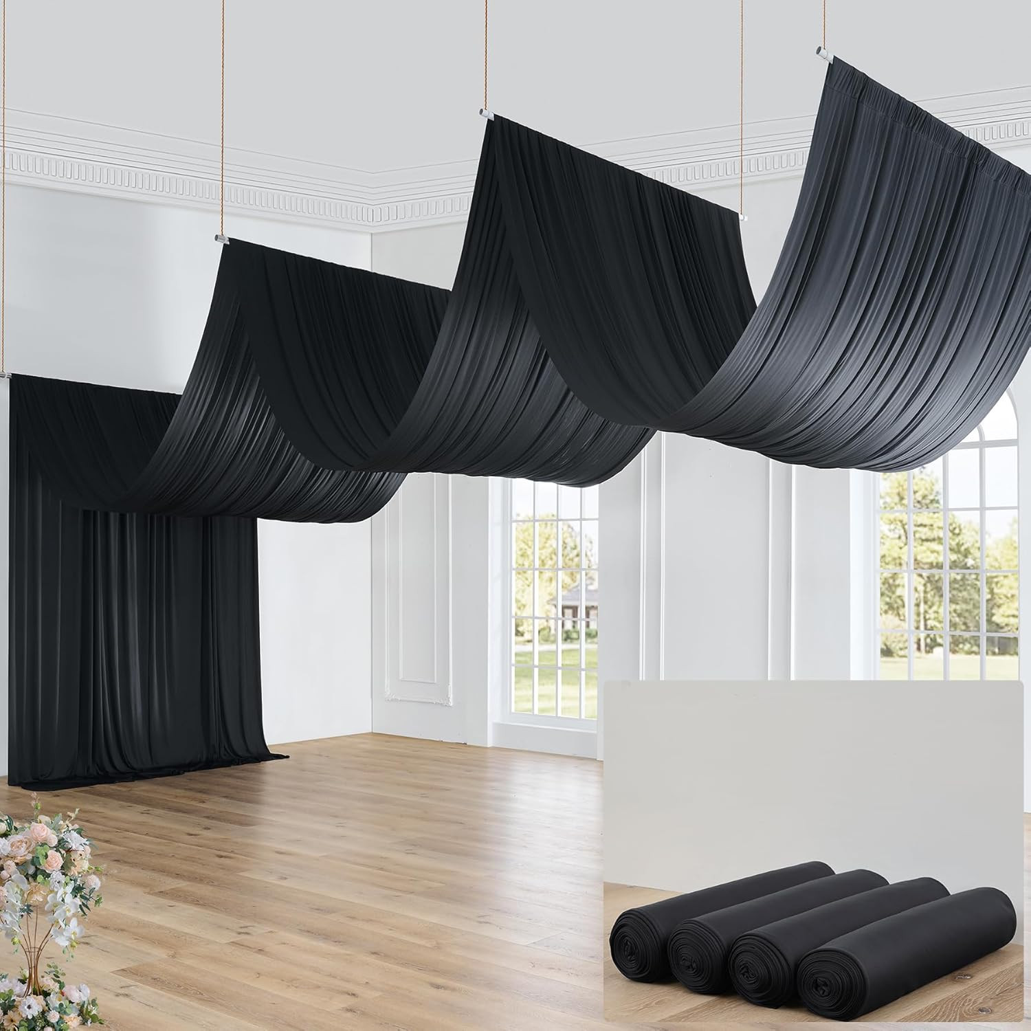 Black Ceiling Curtain Panels 20x40ft for Weddings & Parties, 4 Drapes