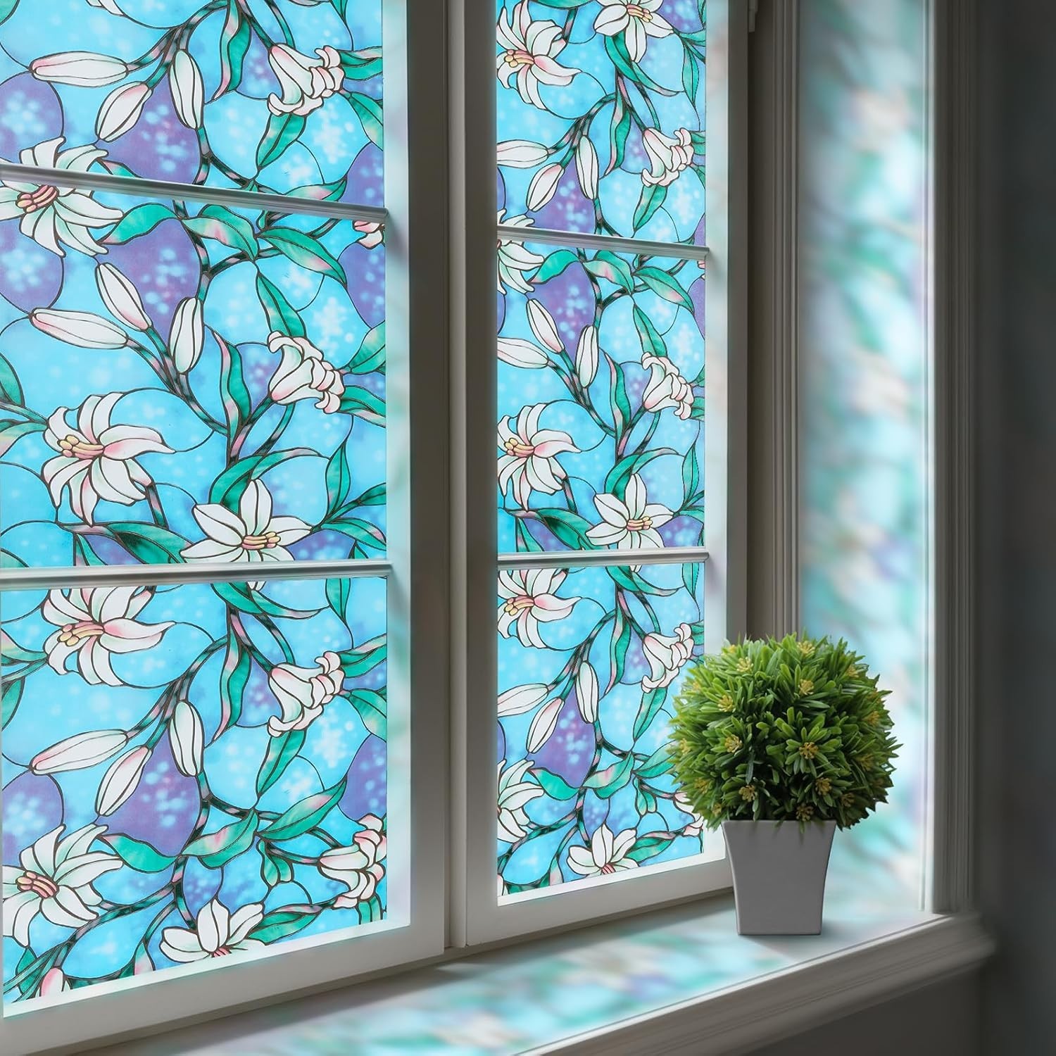 Decorative Static Cling Stained Glass Film – Blue Lily Design, UV Protection