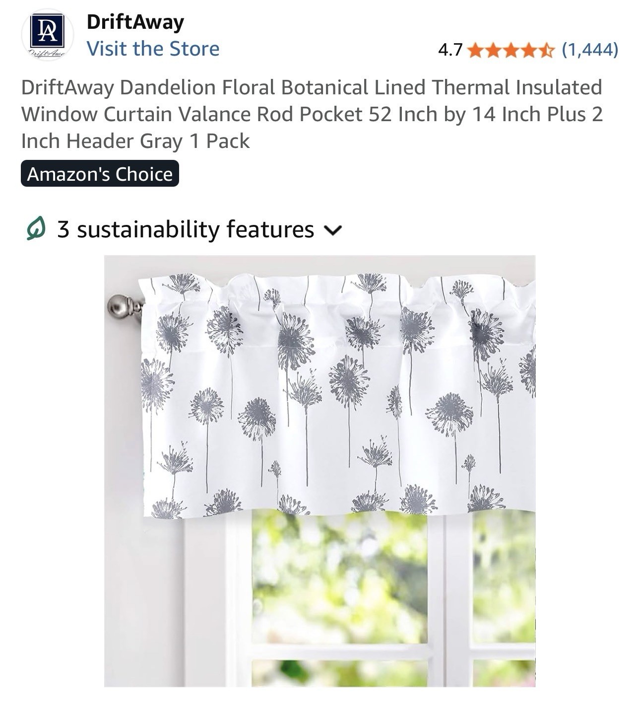 DriftAway Dandelion Floral Lined Thermal Light Filtering Valance Rod 52×14