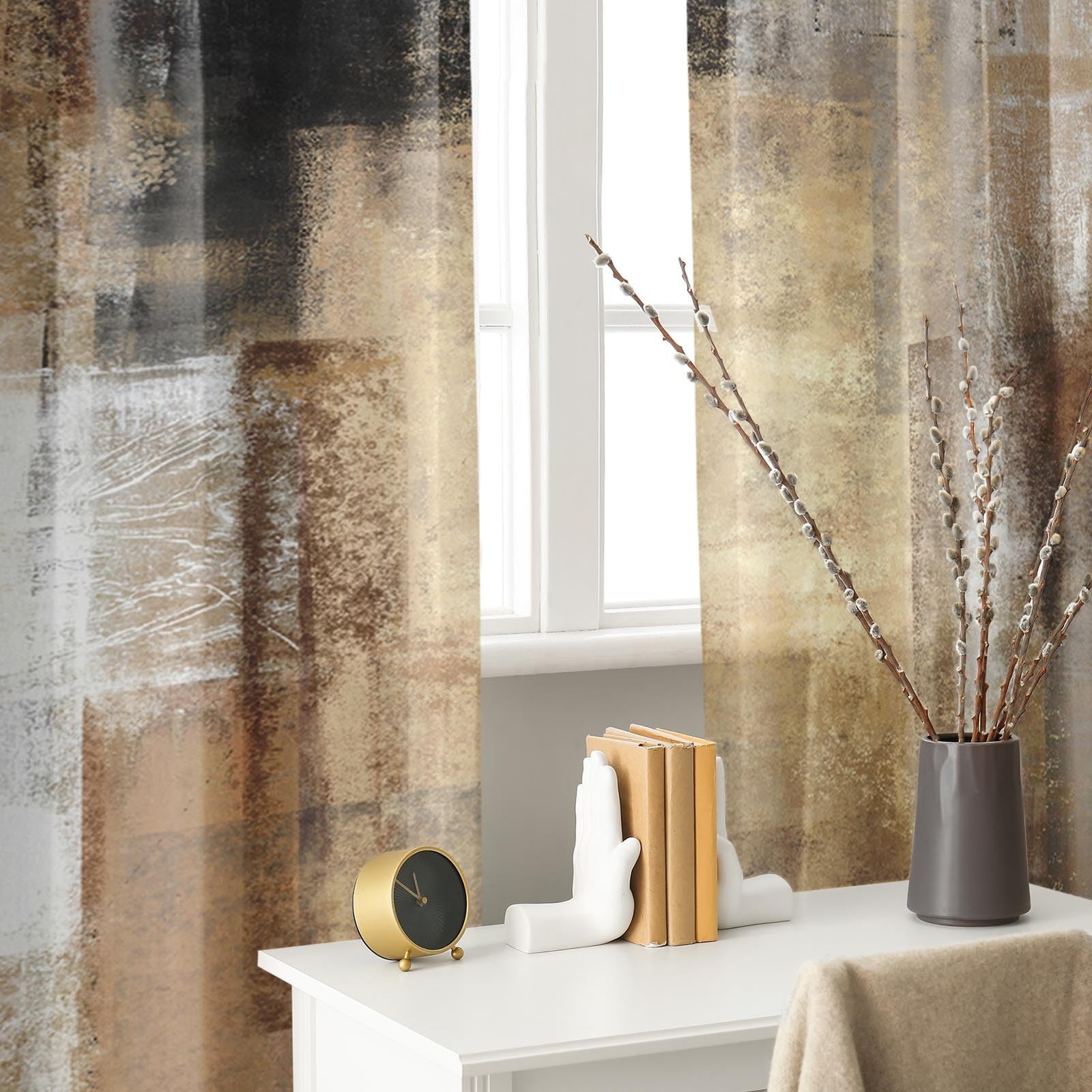 Brown Beige Painting Kitchen Curtains 63 Inch Length Grey Window Curtains Ove…