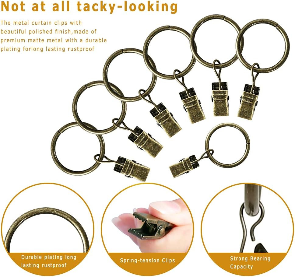 44 Pack Curtain Rings with Clips Hooks 1 Inch Rustproof Matte Metal Stainless