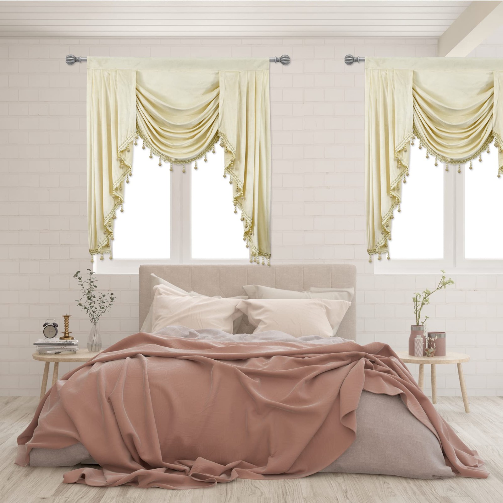 Beige Toppers Window Cutains for Living Room – Velvet Swag Waterfall Valance …