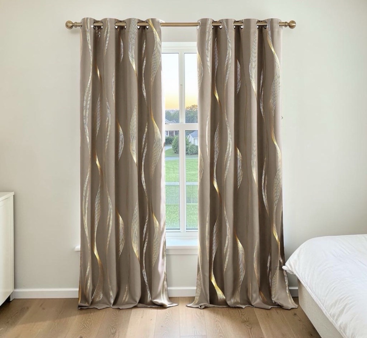 Deconovo Gold Wave Foil Blackout Curtains 52×84 Khaki 2 Panel Grommet New Sealed
