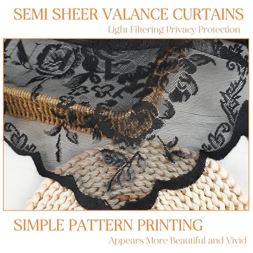 Sheer Lace Valance Curtains for Window 52″W x 18″L (Pack of 1) Black – Tassels