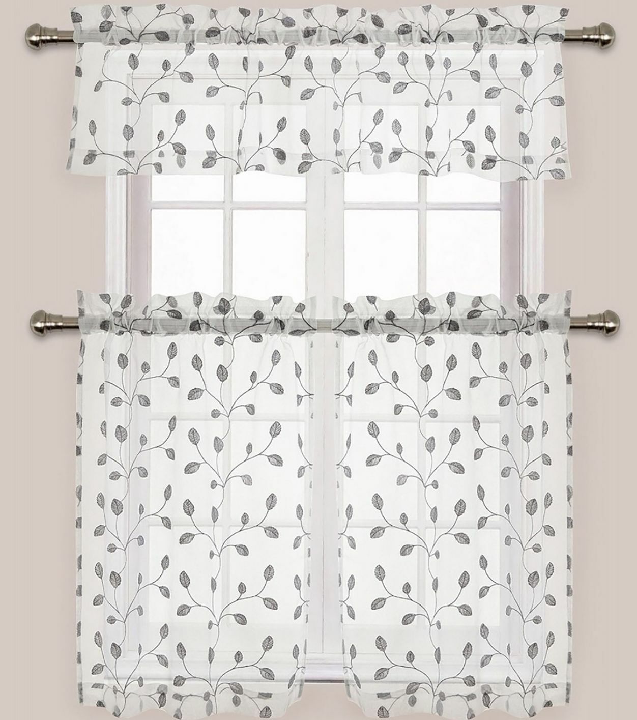 Embroidered Curtains Set:2 Tiers 28″x36″ & Valance 56×15″ SILVER LEAVES, Adler