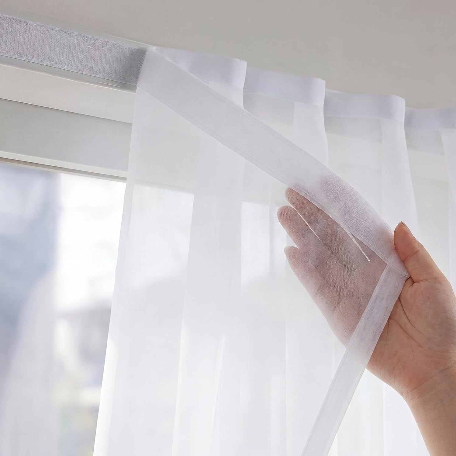 2 Panels Self-Adhesive White Sheer Curtain for Windows, 42″ W x 84″ L,No Dril…