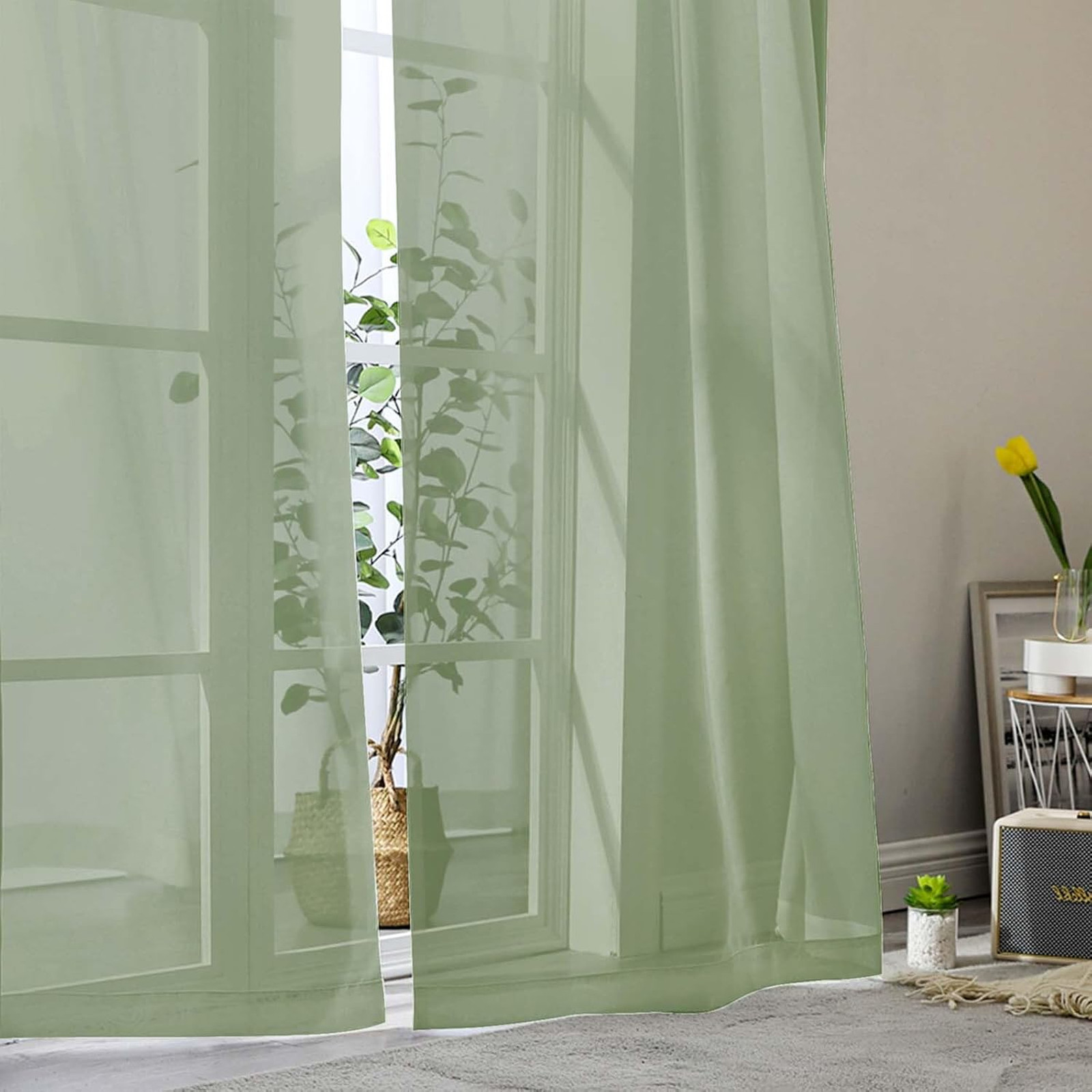 Sage Green Sheer Curtains 84 Inches Long 2 Panels Light Filtering Bedroom Living