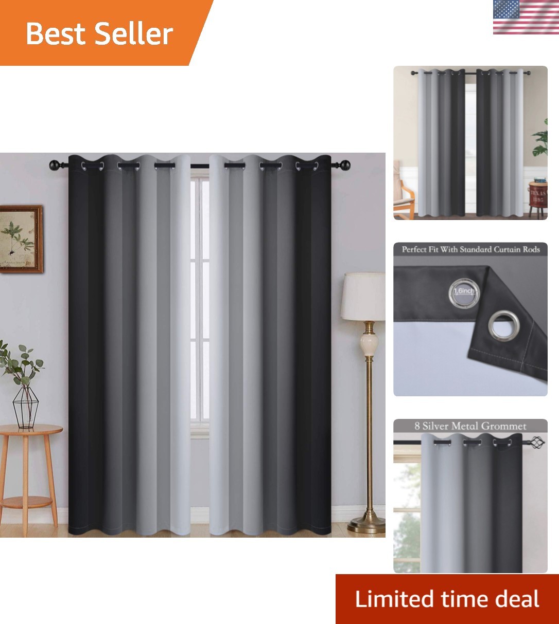 Ombre Room Darkening Curtains for Bedroom, Gradient Black to Grey White Light…