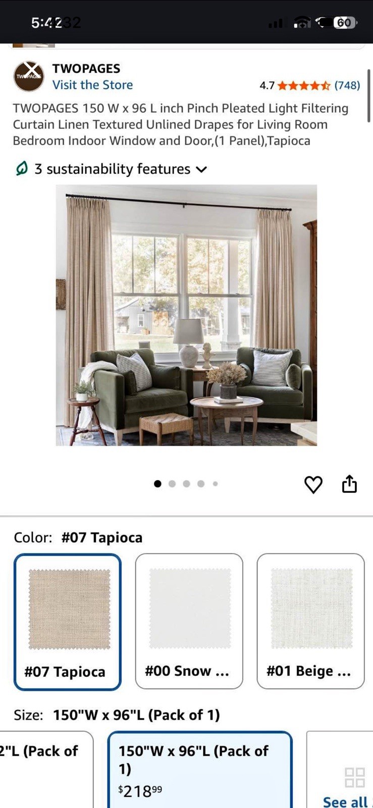 Two Pages 150×96 Pinch Pleated Light Filtering Curtain Linen Textured Tapioca