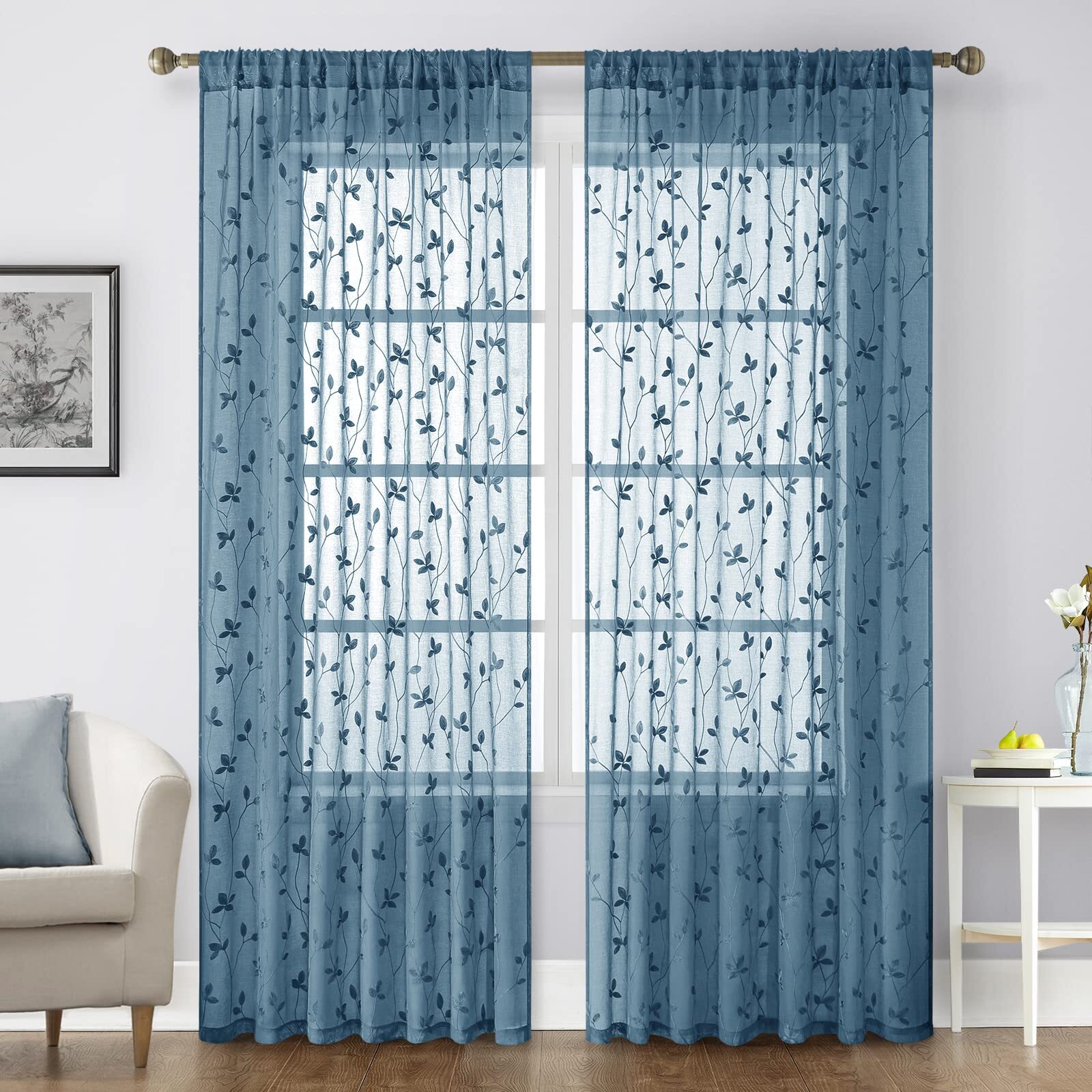 Cyan Blue Sheer Curtains 52 X 84 Inches Length 2 Panels Embroidered Vine Flor…