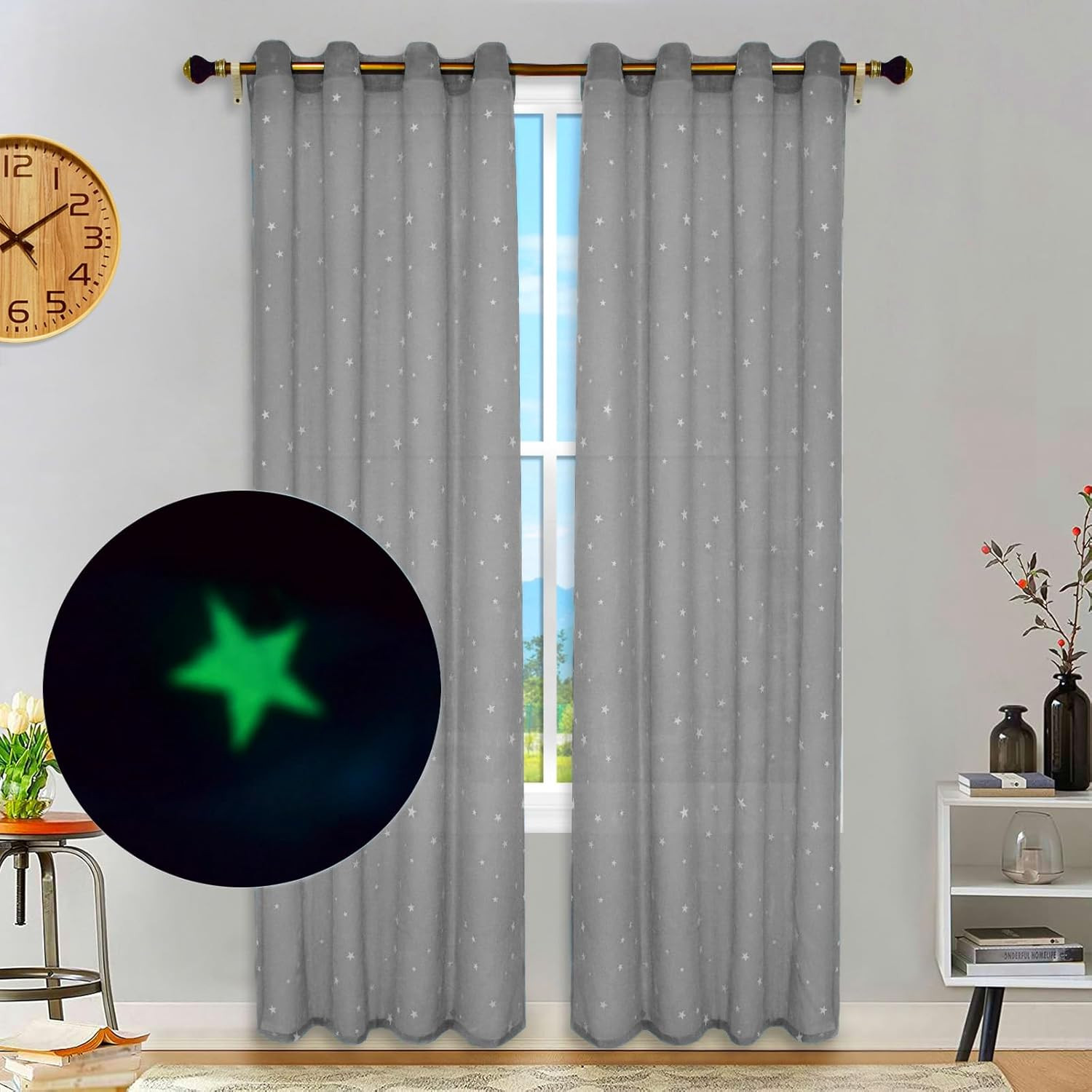 Stars Sheer Curtains Glow in the Dark, Metal Punching Sheer Curtains 72 Inches L