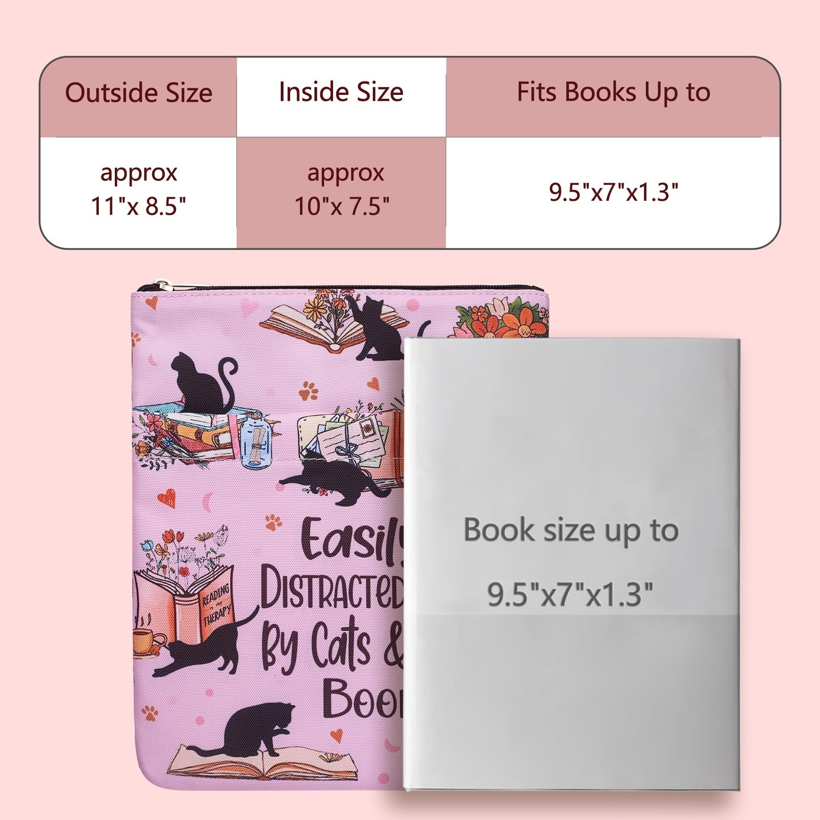 Cat Lover Book Sleeve with Zipper – 11×8.5 Inch Waterproof Pink