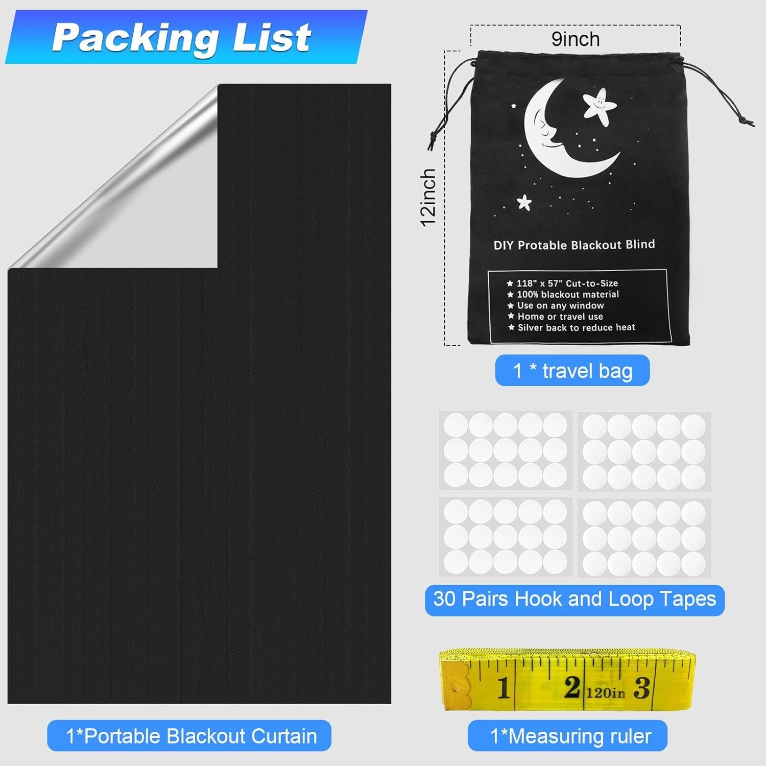 100% Blackout Window Cover 118″ x 57″ No Drill Portable Blackout Curtains Shad