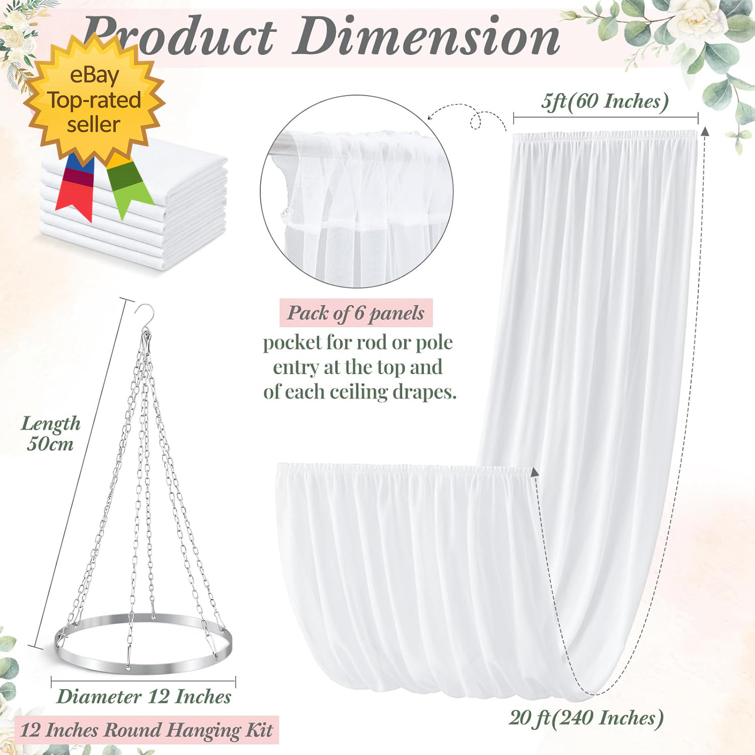 5Ft X 20Ft 6 Panels 12 Inches Ceiling Drapes Hanging Kit with Drapery Ceiling Ho